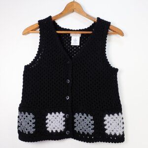 ESPRIT Black Wool Crochet Granny Square Vest, Size M Cottagecore Coastal Grandma